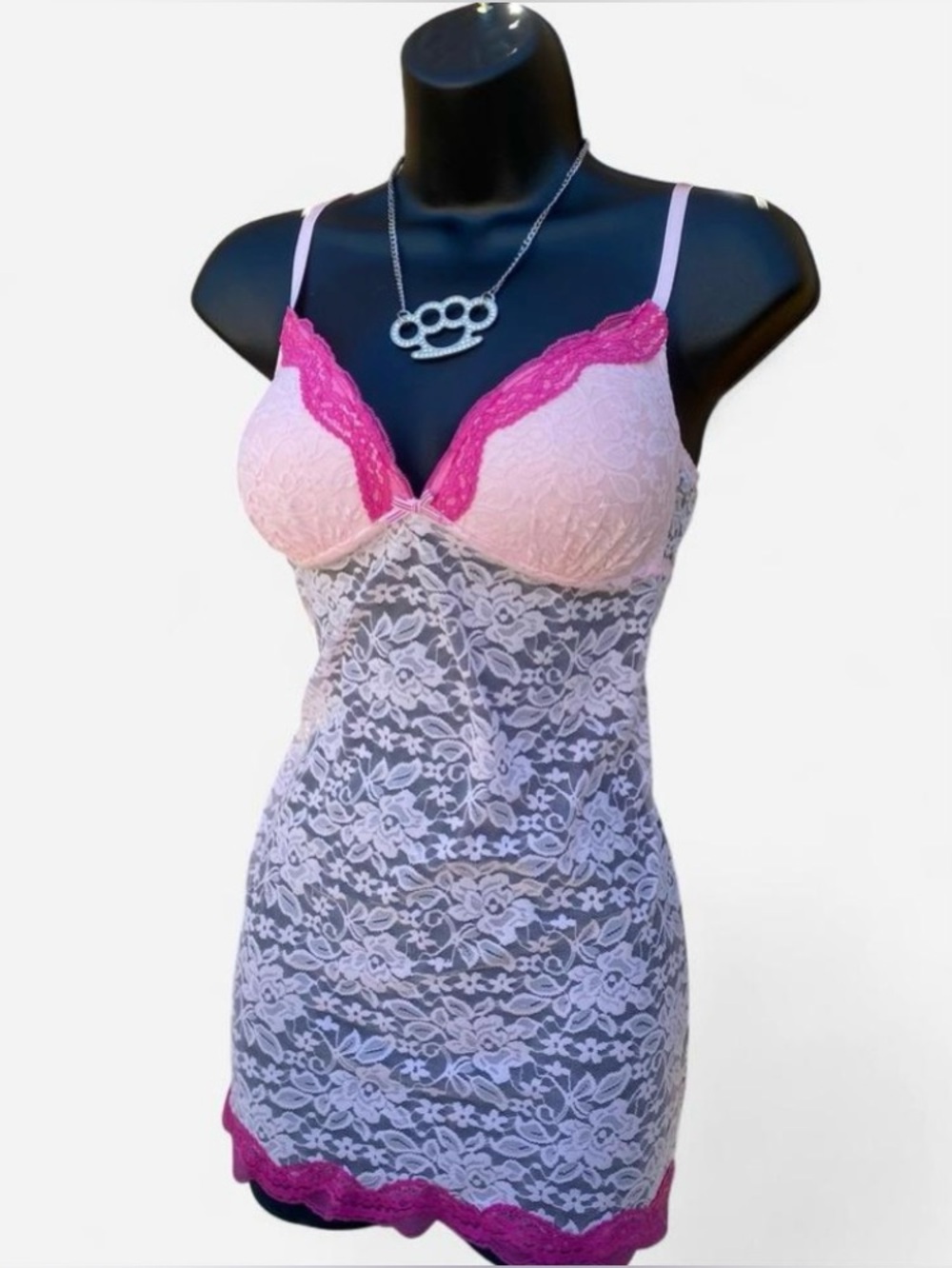 Baby Pink with Hot Pink Trim Lace Babydoll Lingerie Top with Striped Bow Detail